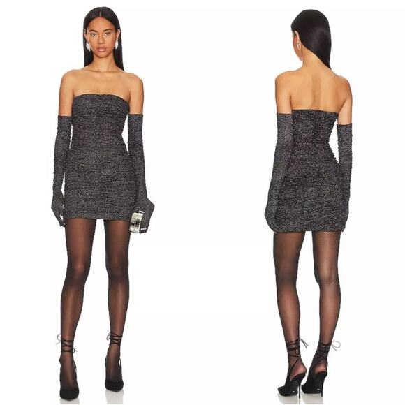 SAU LEE Revolve Black Strapless Faye Metallic Ruched Mini Dress W/ Gloves 4 - Picture 4 of 9